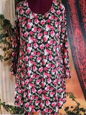 EUC Pinc Sz 2X Red & Pink Rose Floral Long Sleeve Tunic Dress Stretchy A-Line
